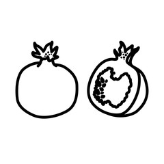 Fruit and berry collection - pomegranate. Line icon of whole and halved pomegranate. Vector Illustration 