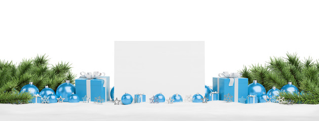Blank Christmas card laying on blue baubles and gift 3D rendering