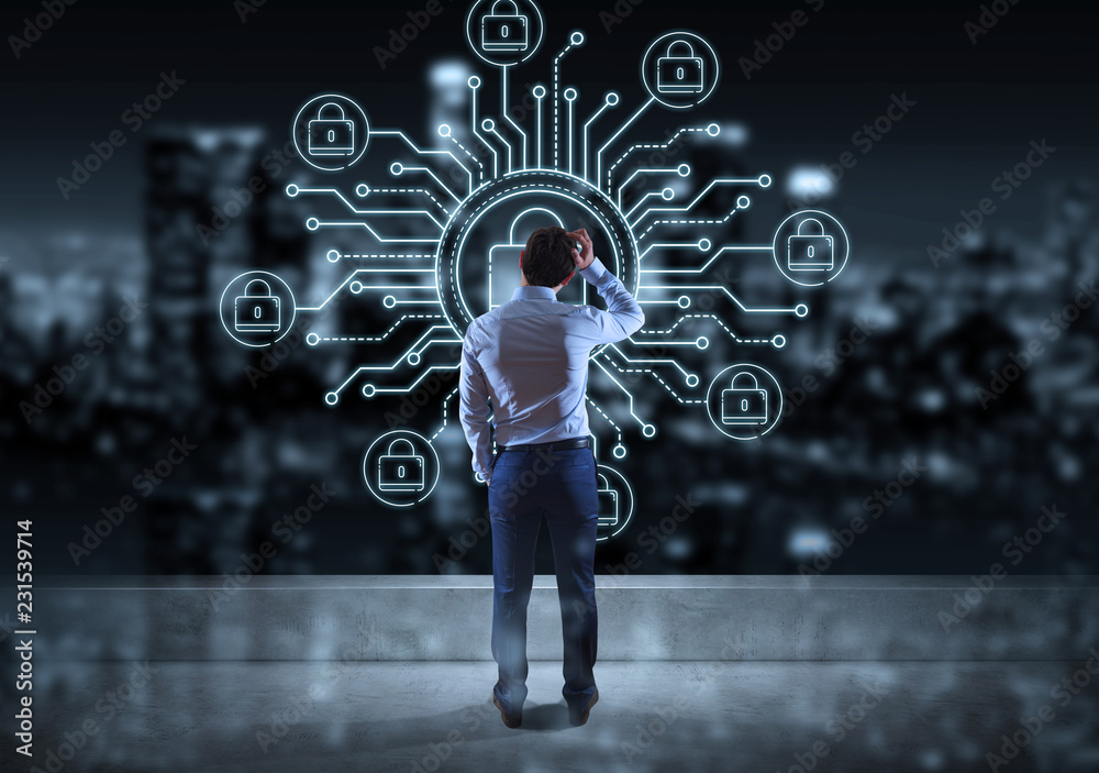 Poster businessman watching thin line web security interface