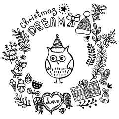 Christmas and New Year wreath with hand drawn elements