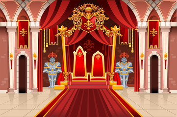 Door of the castle and windows, ancient rich medieval artwork with royal armor of knight guard. Image with throne of the king on the palace. Flags of fantasy fairy queen. Vector illustration. - 231540112