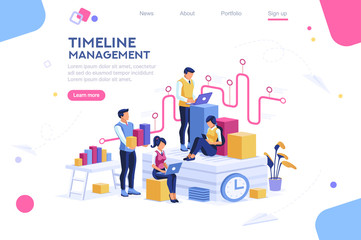 Document management, team thinking, brainstorming analytics information about company. Clock always at office. Around infographic flying presentation history timeline concept. Flat isometric character