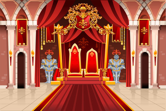 Door of the castle and windows, ancient rich medieval artwork with royal armor of knight guard. Image with throne of the king on the palace. Flags of fantasy fairy queen. Vector illustration.