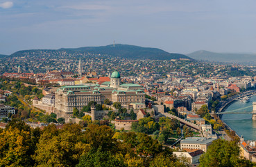 View of the Castle Hill, from the Gellert Hill, in Budapest, Hungary. The Castle of Buda dominates the picture.