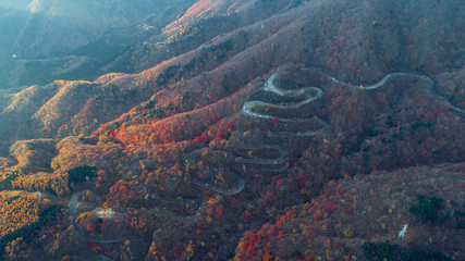 Beautiful curvy street on the Nikko mountain, Japan. Aerial view © oneinchpunch