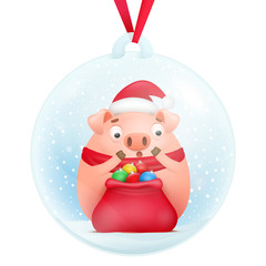Glass snow ball decorative souvenir with pig cartoon character inside