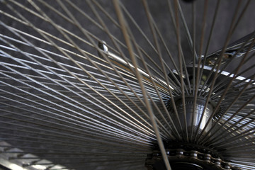 Detail of spokes from the bicycle wheel. Macro.
