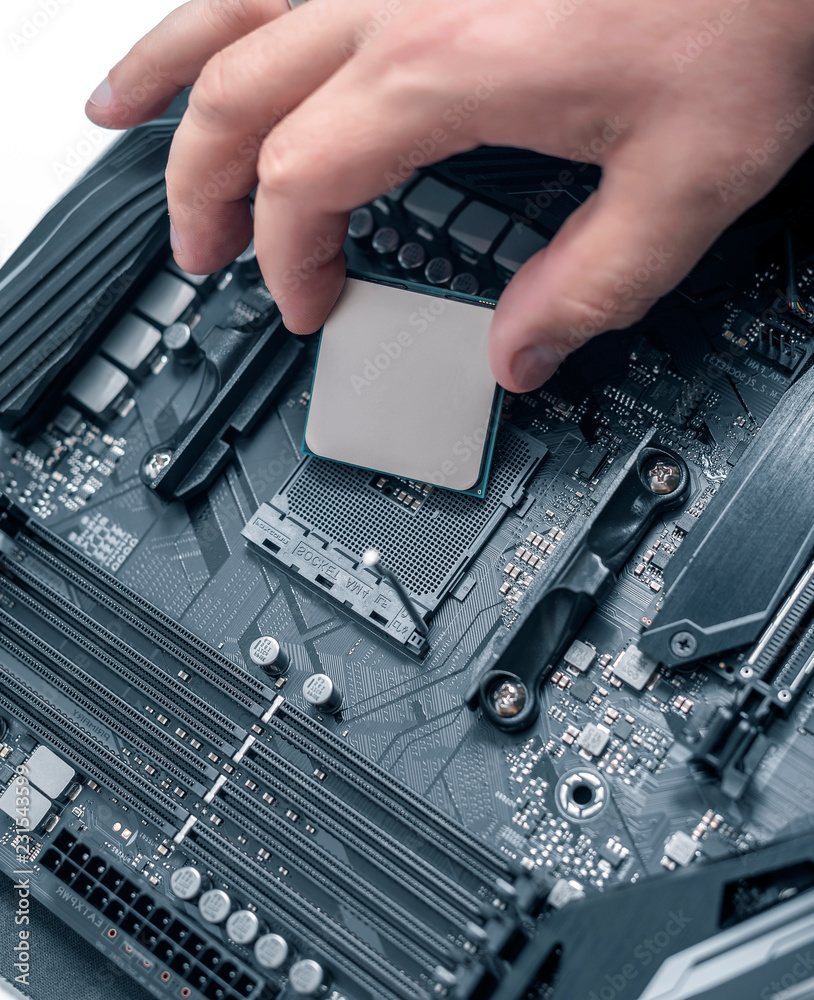 Poster installing processor unit into computer motherboard.