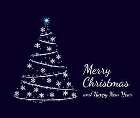 Abstract shining christmas tree with glowing stars, snowflakes and light chain. Merry Christmas and happy new year text, holiday greeting card on dark blue background