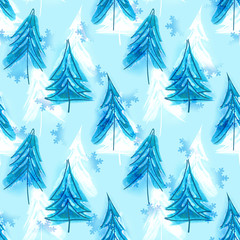 Fir Trees Seamless Pattern. Watercolor Illustration.Watercolor Winter Landscape.