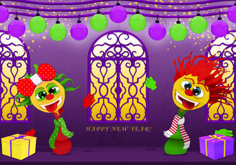 Cartoony boy and girl,Happy New Year in purple and yellow