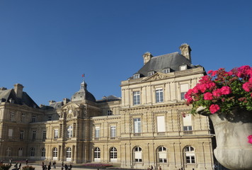 Fototapeta na wymiar Palais du Sénat et fleurs roses, monument, Paris