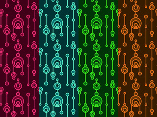 Colorful seamless pattern with glowing talismans on dark background. Vector ethnic ornament for fabric, prints, wallpaper, wrapping paper, web etc. In EPS