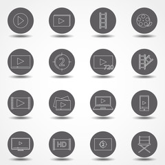 Set of Simple Video Content Related Vector Line Art Icons. Consist of Presentation, Stream, Virtual Reality, Advertisement, Vlog, Mobile Phone. Simple pictograms.