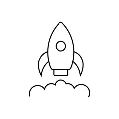 Rocket launch icon. Spaceship startup sign. Spacecraft flight symbol. Thin line icon on white background. Vector illustration.