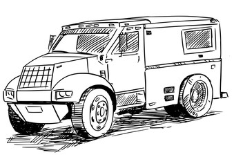 Fototapeta premium Vector artistic pen and ink sketch drawing illustration of Armored Truck