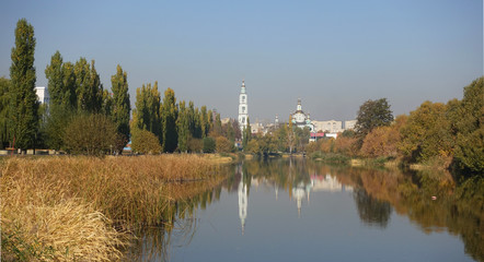 View from the Tsna River to the city, Transfiguration Cathedral of Tambov, Russia