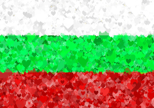 Illustration of a Bulgarian flag with a heart motives scattered around