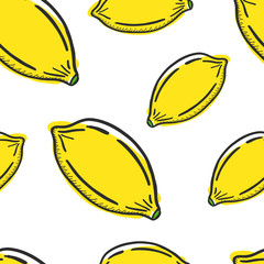 Seamless pattern with hand drawing lemons on white background.