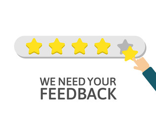 Star rating. Businessman holding a gold star in hand, to give five. Feedback concept. Happy customer, satisfaction clients. Evaluation system. Quality work. Positive review. Vector illustration