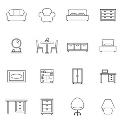 Home, interior, furniture and more, thin line icons set. Symbol, logo vector illustration.