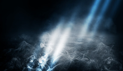 Background of empty dark street. Concrete floor, asphalt, lights, smoke, glow