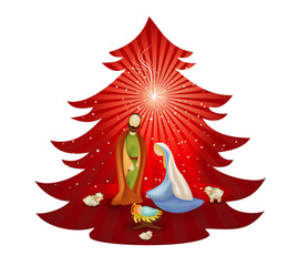 Christmas tree nativity scene with holy family on red background. Bethlehem © melita