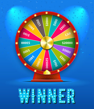 Vector Wheel of fortune 3d object isolated on blue background with text Winner