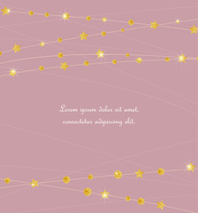 Vector illustration card template with golden color circles and stars background. Design with gold glittering polka dot decoration