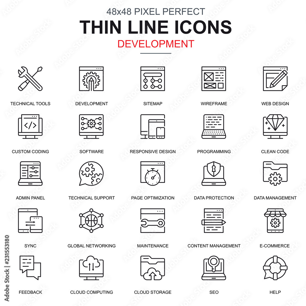 Aufkleber thin line web design and development icons set for website and mobile site and apps. contains such i