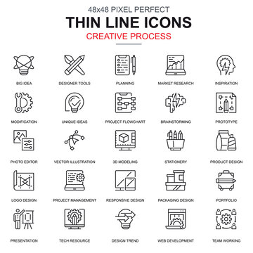 Thin line creative process and project workflow icons set for website and mobile site and apps. Contains such Icons as Media, Idea. 48x48 Pixel Perfect. Linear pictogram pack. Vector illustration.