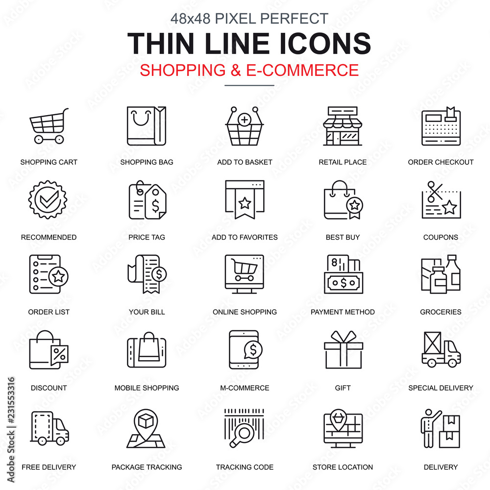 Poster thin line online shopping and e-commerce icons set for website and mobile site and apps. contains su