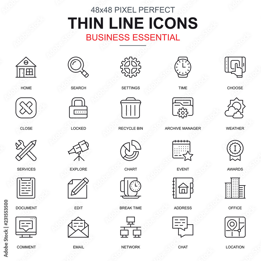 Poster thin line business essential, communication and office icons set for website and mobile site apps. c