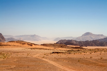 Fototapeta na wymiar Road in the desert of Wadi Rum - Jordan