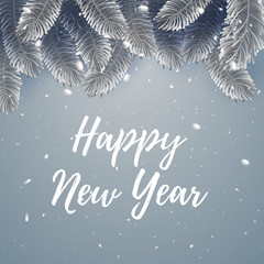 Obraz premium Elegant vector christmas illustation background with fir-tree branches. Merry christmass poster. Happy New Year banner with white snowflakes. Silver and soft colors. Vector illustration. EPS 10