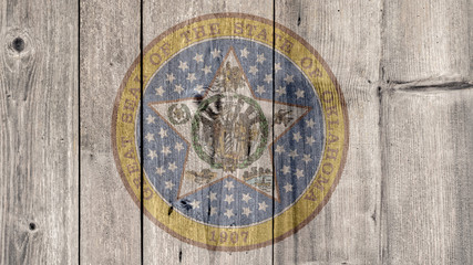 USA Politics News Concept: US State Oklahoma Seal Wooden Fence Background