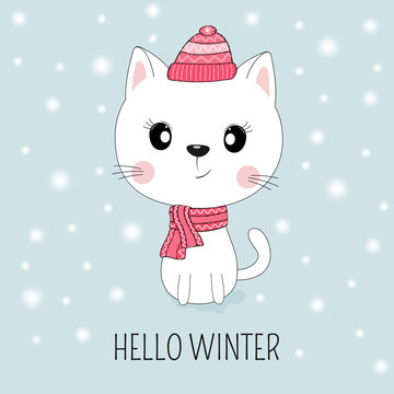 Cute white cat in hat with message Hello Winter.