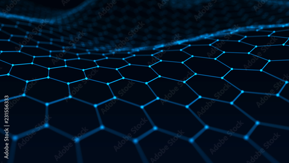 Poster Abstract technology background. Artificial intelligence. Futuristic hexagon perspective background. Big data visualization. 3D rendering.