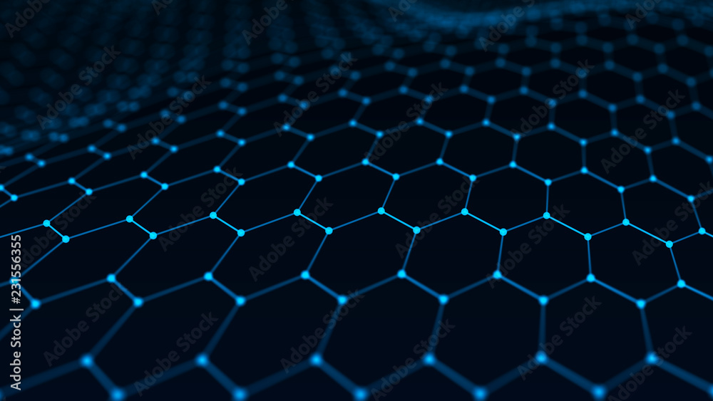 Poster Abstract technology background. Artificial intelligence. Futuristic hexagon perspective background. Big data visualization. 3D rendering.