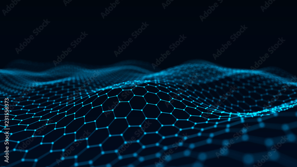 Poster Abstract technology background. Artificial intelligence. Futuristic hexagon perspective background. Big data visualization. 3D rendering.