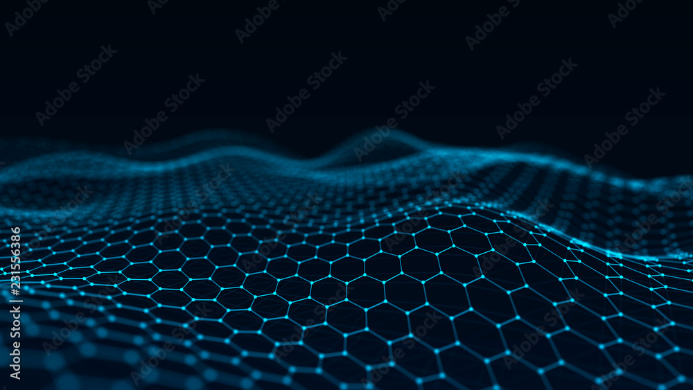 Poster Abstract technology background. Artificial intelligence. Futuristic hexagon perspective background. Big data visualization. 3D rendering.