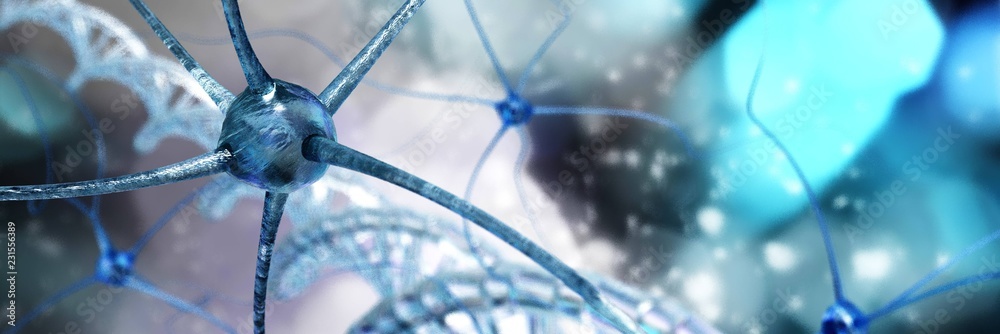 Wall mural neuron on the background of dna helix, neural network and dna, 3d rendering