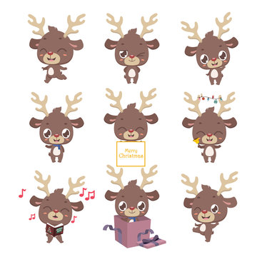 Collection of cute little reindeer mascot poses