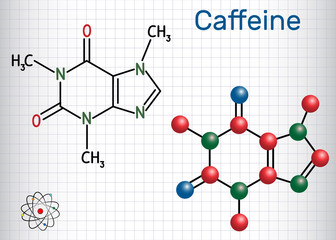 Caffeine molecule. Structural chemical formula and molecule model. Sheet of paper in a cage