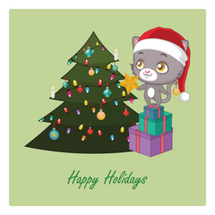 Cute little cat decorating the Christmas tree