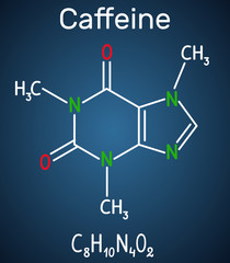 Caffeine molecule. Structural chemical formula and molecule model on the dark blue background