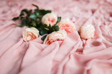 pink roses lie on delicate pink silk fabric