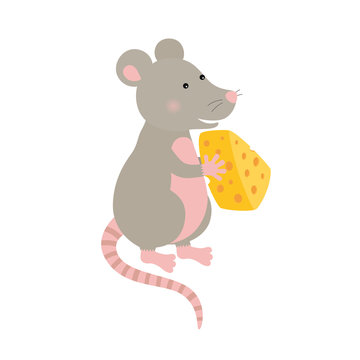Cartoon hand-drawn character mouse with a piece of cheese