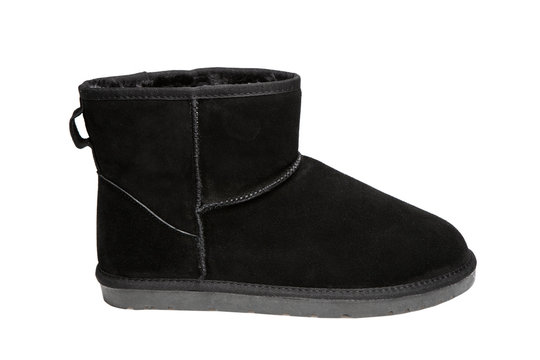 Black Women's Boots Uggs With Fur, Comfortable Shoes, On A White Background, Isolate