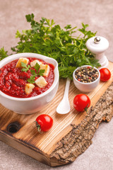 Bright fresh tasty pureed tomato soup with ingredients